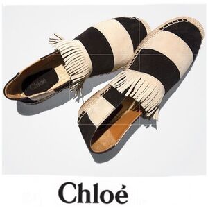 CHLOE Beige Black Suede Leather Fringe Striped Slip On Flats Espadrilles Sz 38
